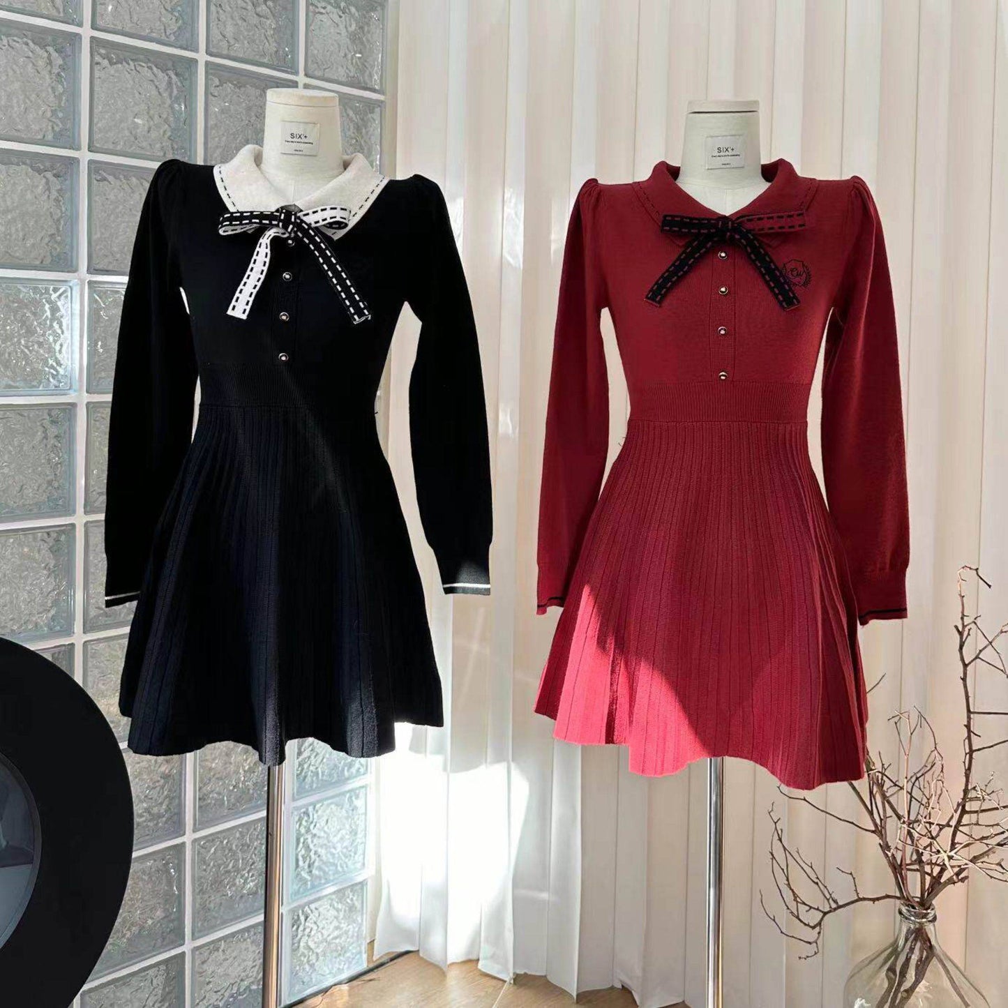 Polo-Neck Knitted Black Dress