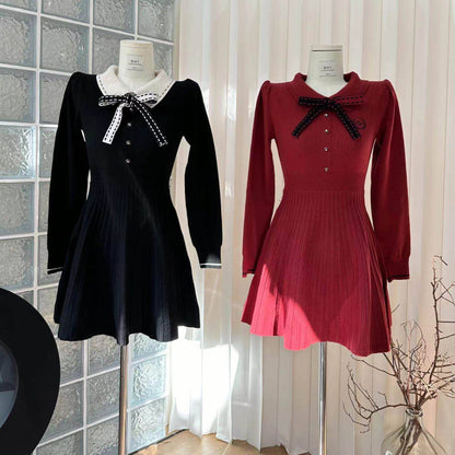 Polo-Neck Knitted Black Dress
