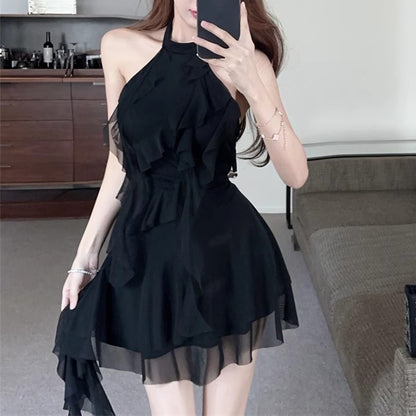 Halter Neck Ribbon Backless Little Black Dress