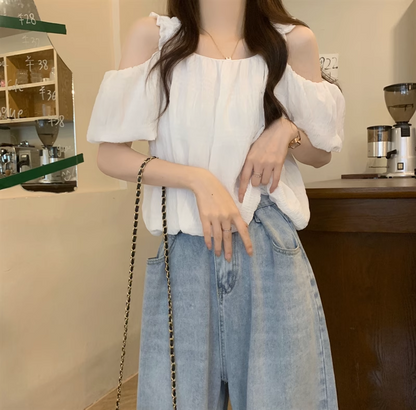 Chic Pink Off-the-Shoulder Puff-Sleeve Blouse