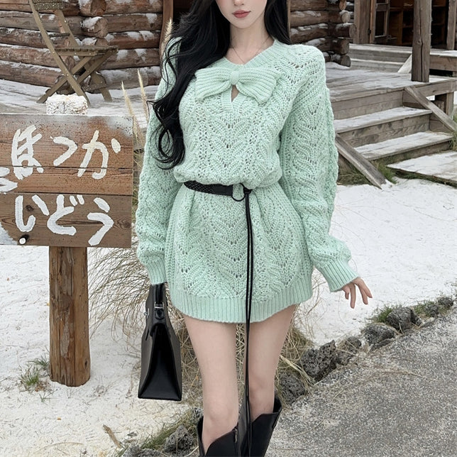 Lazy Style Sweet And Sexy Bow Knitted Sweater Dress