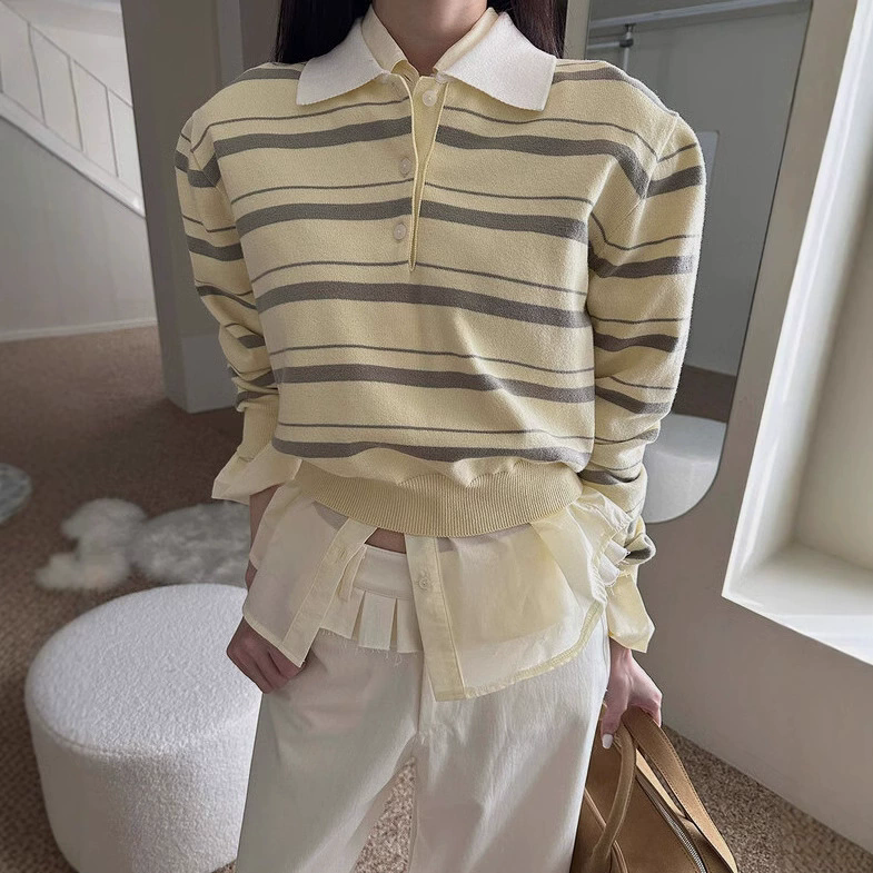 Stylish Color-Blocked Collared Loose Striped Long-Sleeved Knit Sweater