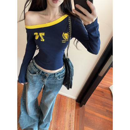 Sexy Color-Block One-Shoulder Long-Sleeve T-Shirt