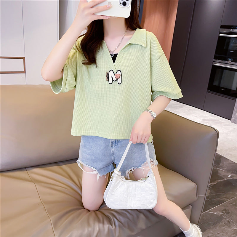 Loose Oversized Polo Neck Short-Sleeved Top