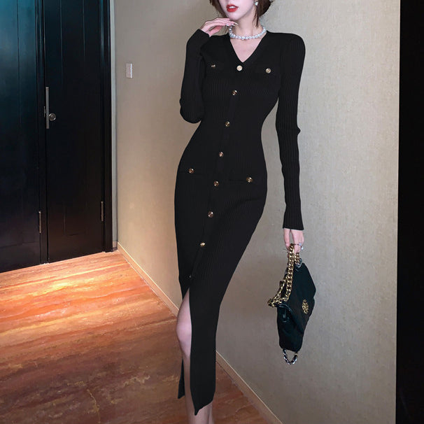 V-Neck Button-Down Long-Sleeved Dress