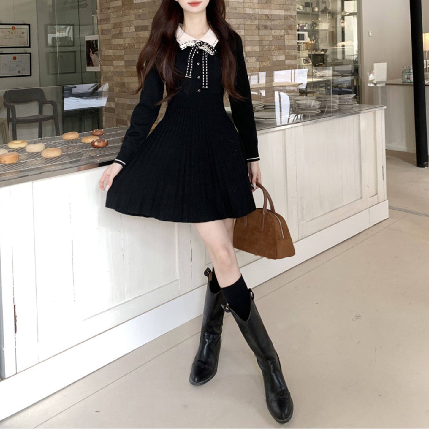Polo-Neck Knitted Black Dress