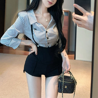 Sexy Contrasting Lapel Shirt And High-Waisted Overalls Shorts Set