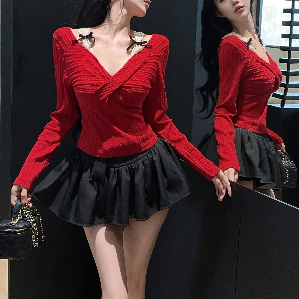 Bow-Detail Lace And Knit Layered-Look Top