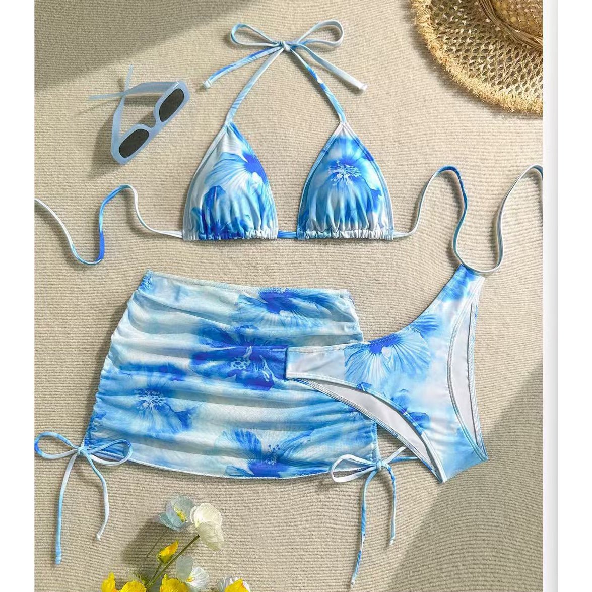 Printed Sexy Halter Neck Strap Swimsuit Three-Piece Set