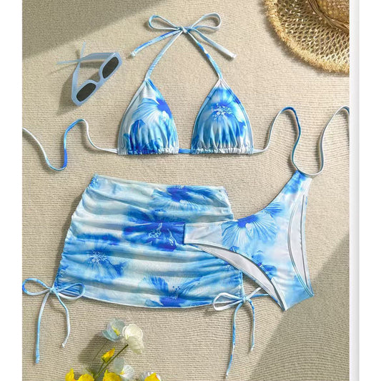 Printed Sexy Halter Neck Strap Swimsuit Three-Piece Set