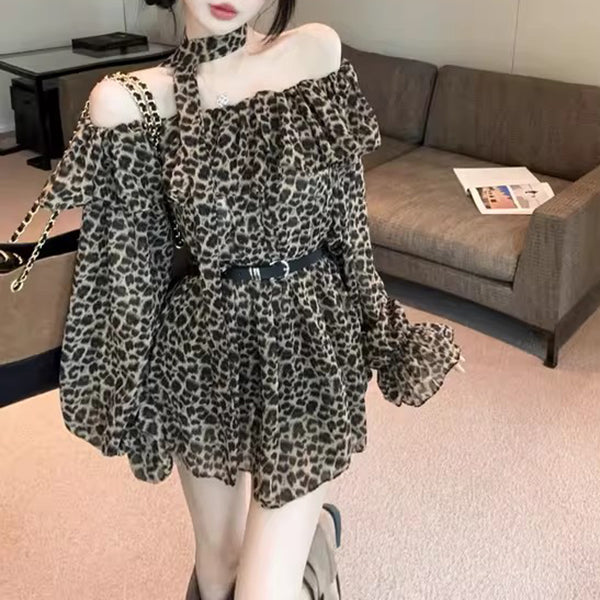 Retro Sexy Leopard Print Off-Shoulder T-Shirt With Belt