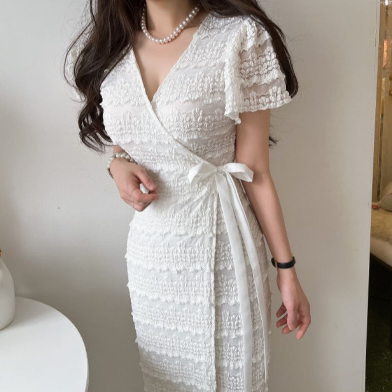 Elegant Lace V-Neck Tie-Waist Long Dress