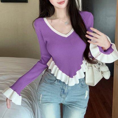 Ruffle Contrast Color Fashionable Sexy Irregular Long-Sleeved Knitted T-Shirt