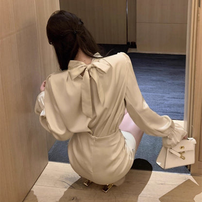 Puff Sleeve Satin Shirt Dress Two-Piece Set