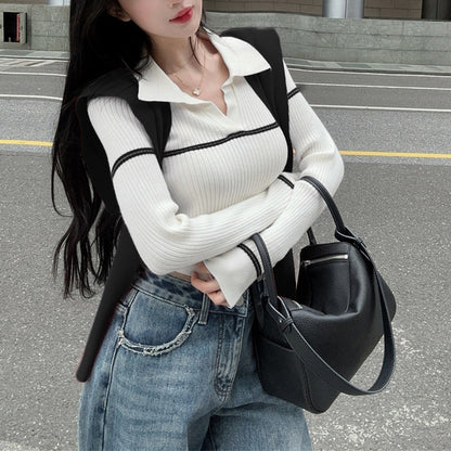 Niche Sexy Contrast Color Lapel Sweater Top