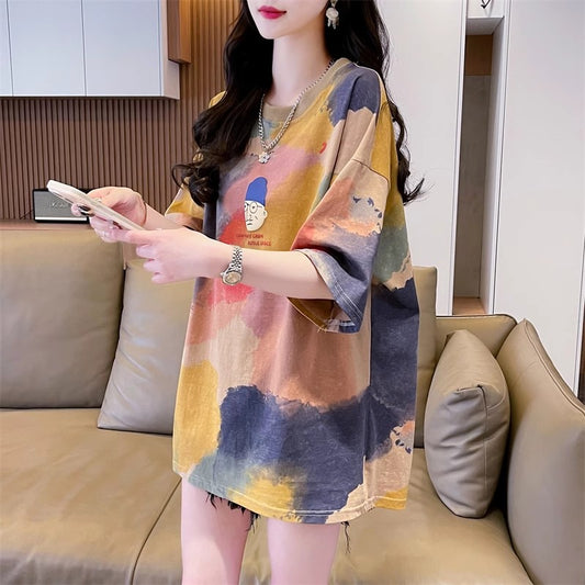 Loose-Fitting Oversized Mid-Length Tie-Dye Gradient Top