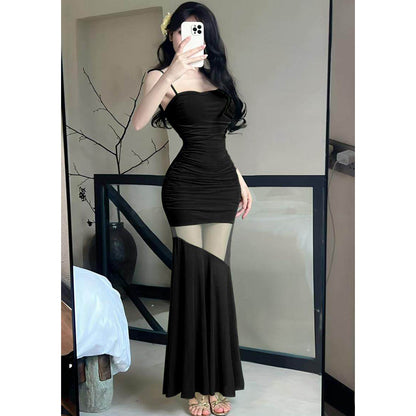Sexy Off-The-Shoulder Strapless Dress With Mesh Paneling And A High Waist