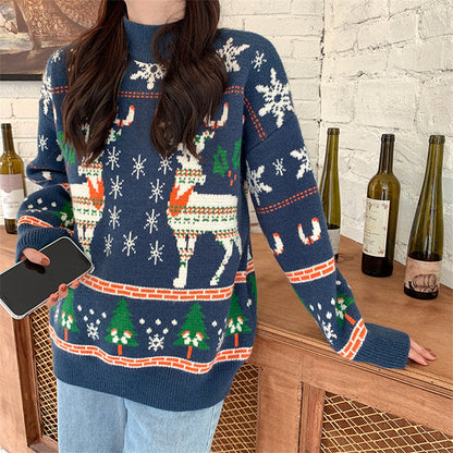 Sweet Loose Round Neck Pullover Long Sleeve Knitted Christmas Sweater