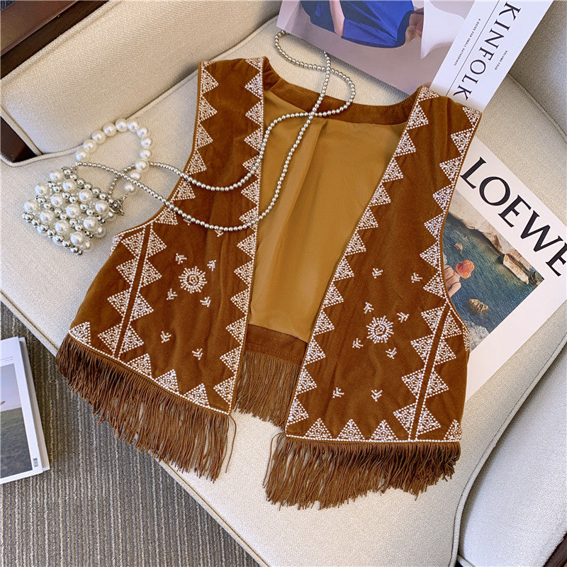 Bohemian Ethnic Style Western Cowboy Brown Velvet Embroidered Vest