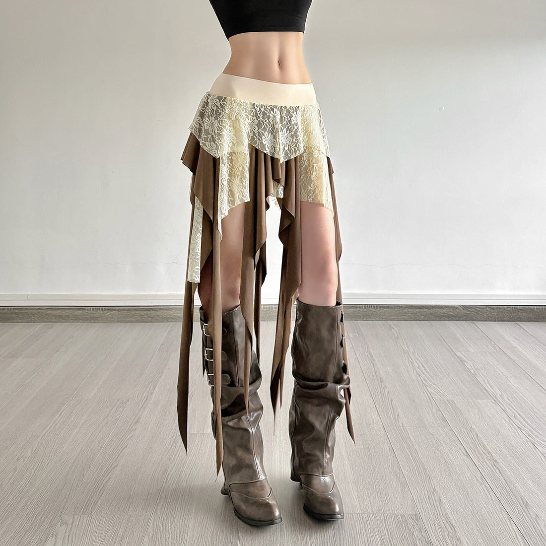 Multi-Layer Lace Patchwork Irregular Tassel Contrasting Color Skirt