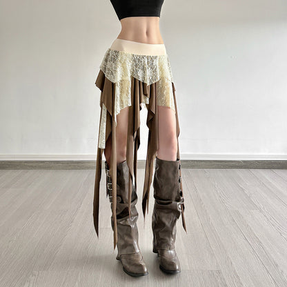 Multi-Layer Lace Patchwork Irregular Tassel Contrasting Color Skirt