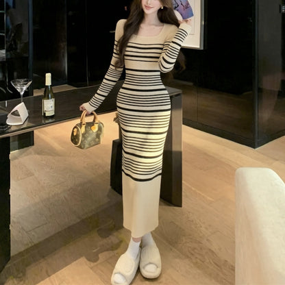 Sexy Square-Neck Striped Knit Dress