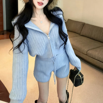 Casual Fashion Hooded Loose Long Sleeve Knitted Cardigan Sweater Drawstring Shorts Two-Piece Set