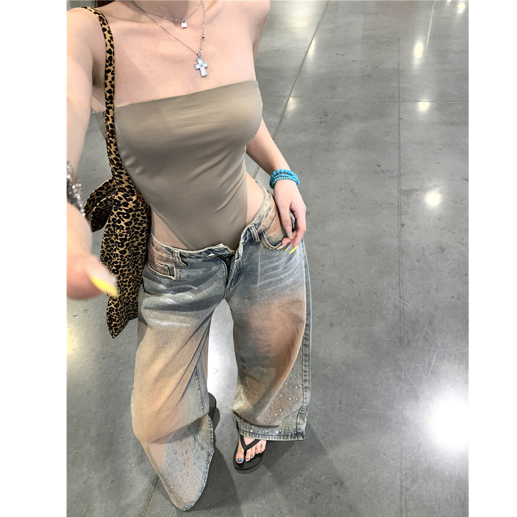 Sexy Strapless Bodysuit And Loose-Fit Jeans Set