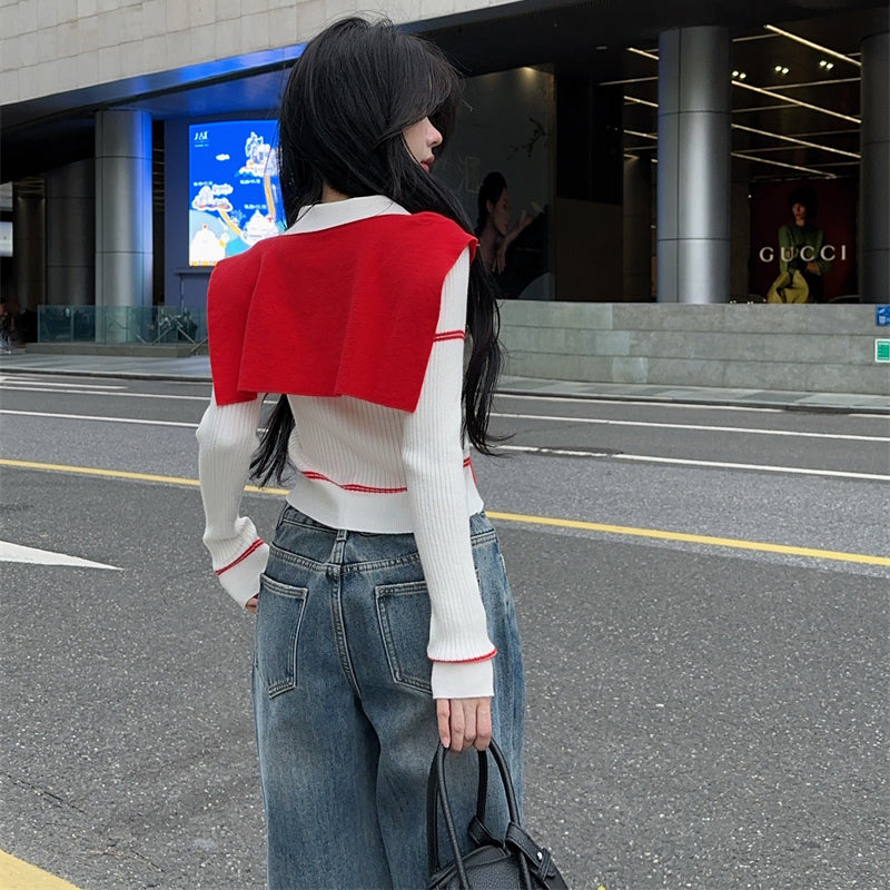 Niche Sexy Contrast Color Lapel Sweater Top