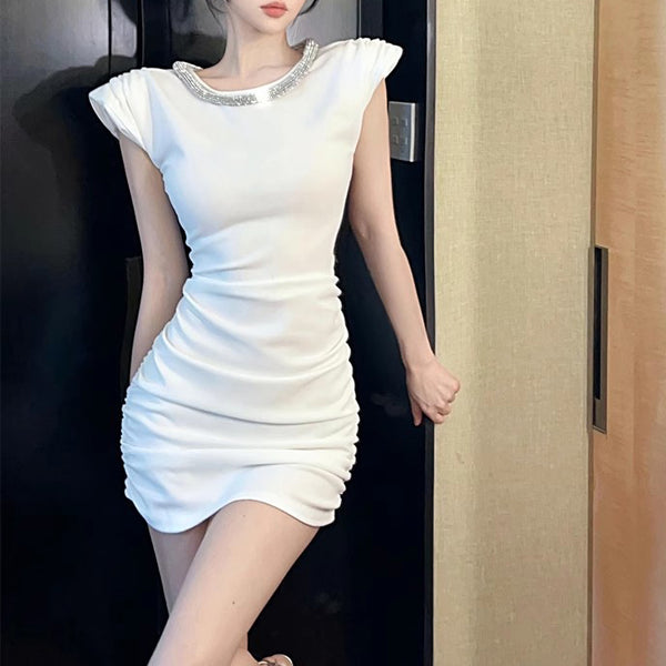 French Style Heavy-Duty Diamond Pleated White Dress