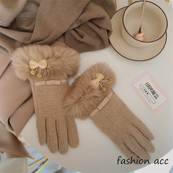 Cashmere Five-Finger Flower Plus Velvet Gloves