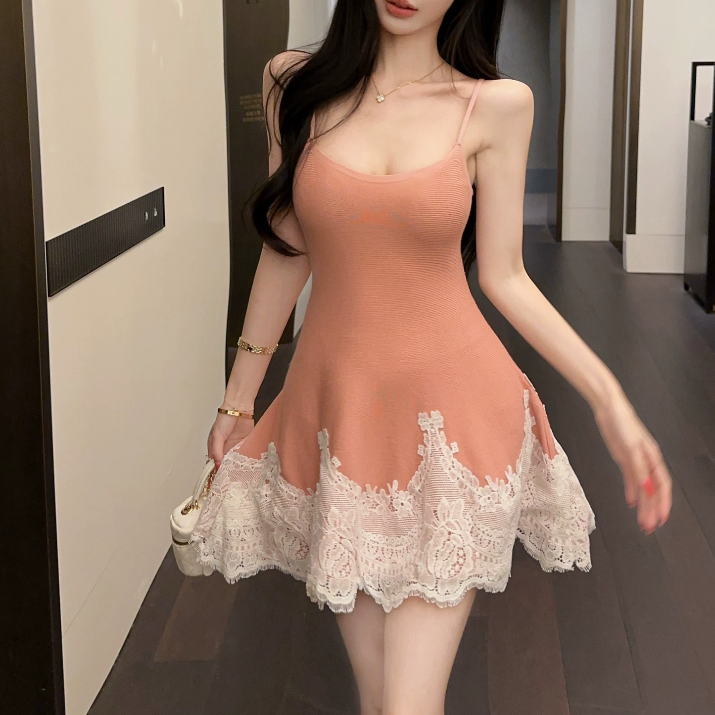 Lace Patchwork Waist-Cinching Suspender Dress