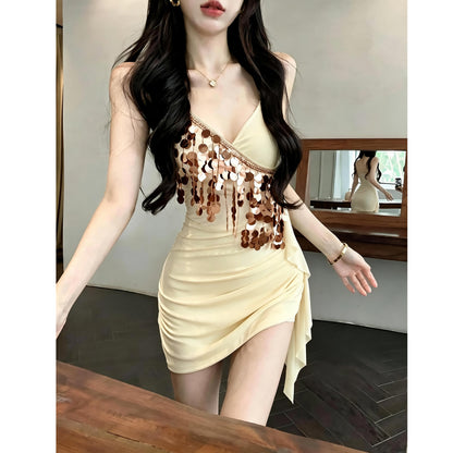 Mesh Tassel Sequined Slip Dress