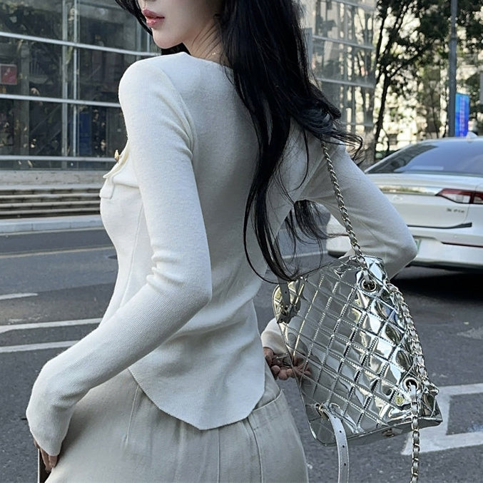Metallic Single-Breasted Crew-Neck Knit T-Shirt