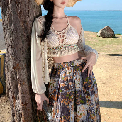 Ethnic-Style Printed Wide-Leg Pants Skirt Vest Set