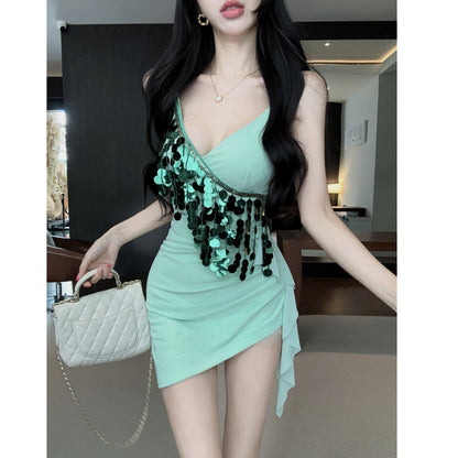 Mesh Tassel Sequined Slip Dress