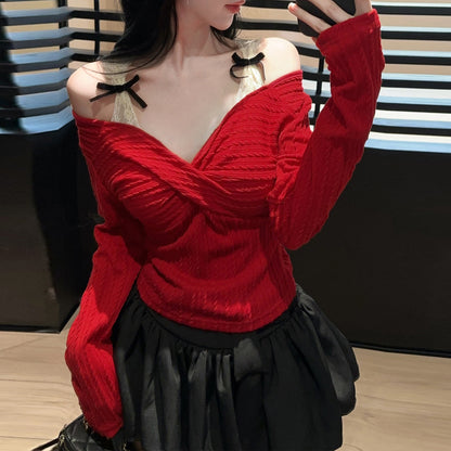 Bow-Detail Lace And Knit Layered-Look Top