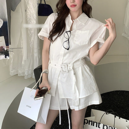 Collared Short-Sleeve Shirt And High-Waisted Shorts Set