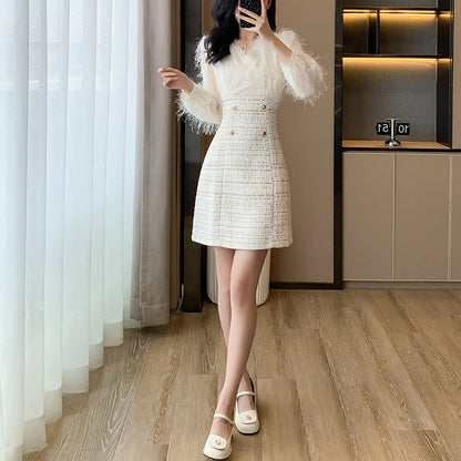 French Tweed Fringed V-Neck Dress
