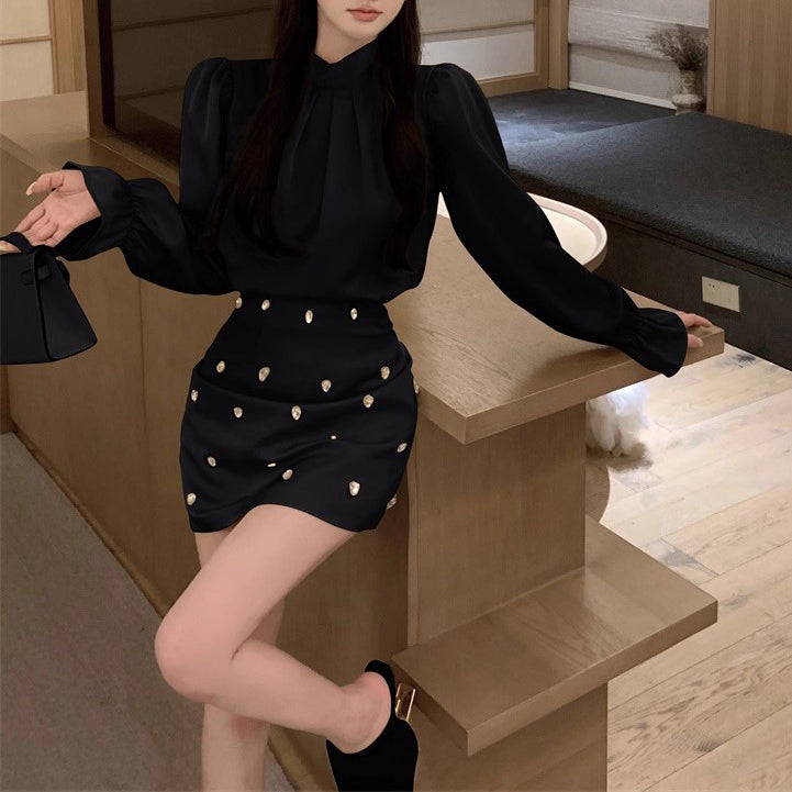 Puff Sleeve Satin Shirt Dress Two-Piece Set