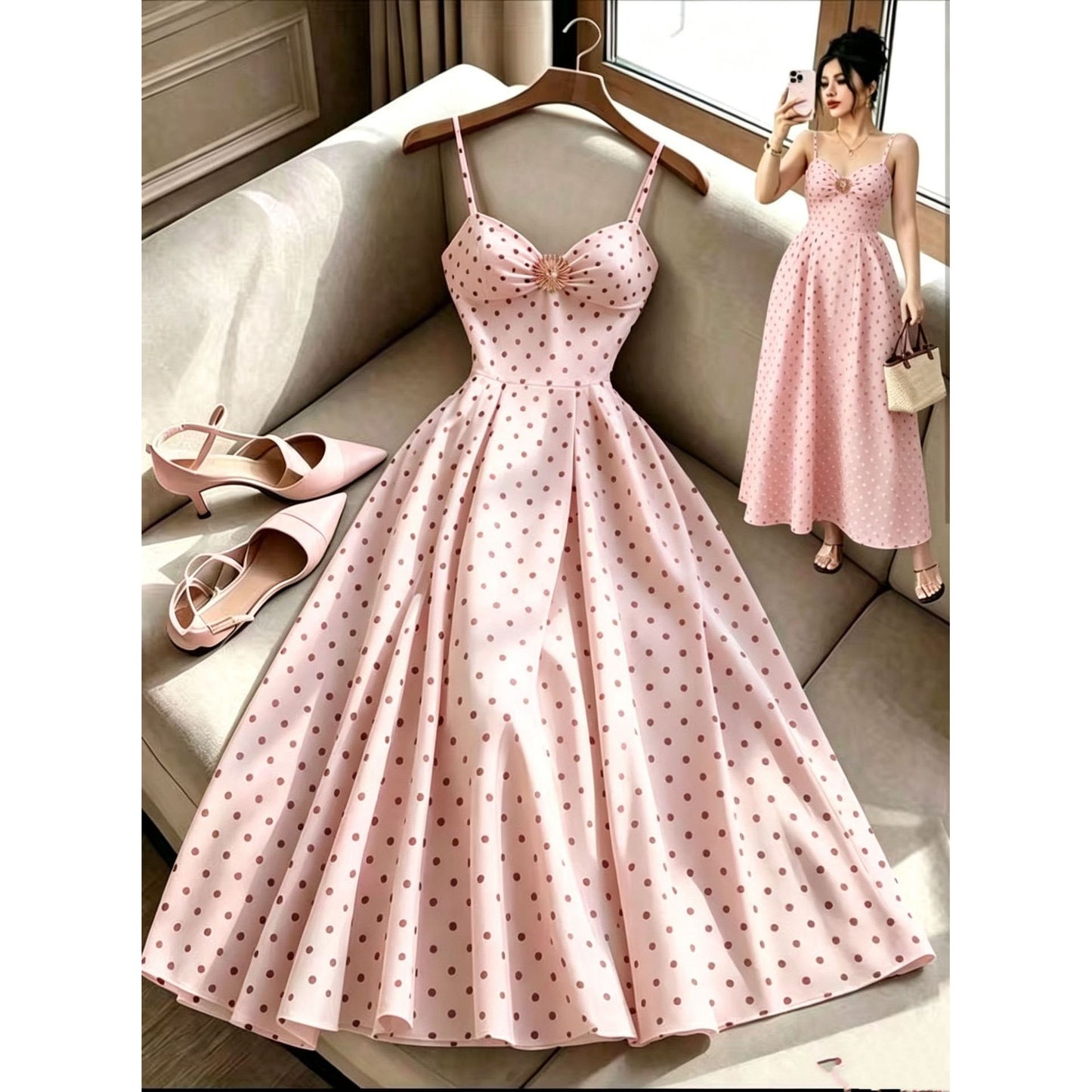 Hepburn-Style Sleeveless Polka-Dot Print Camisole Dress