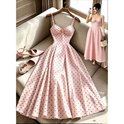 Hepburn-Style Sleeveless Polka-Dot Print Camisole Dress