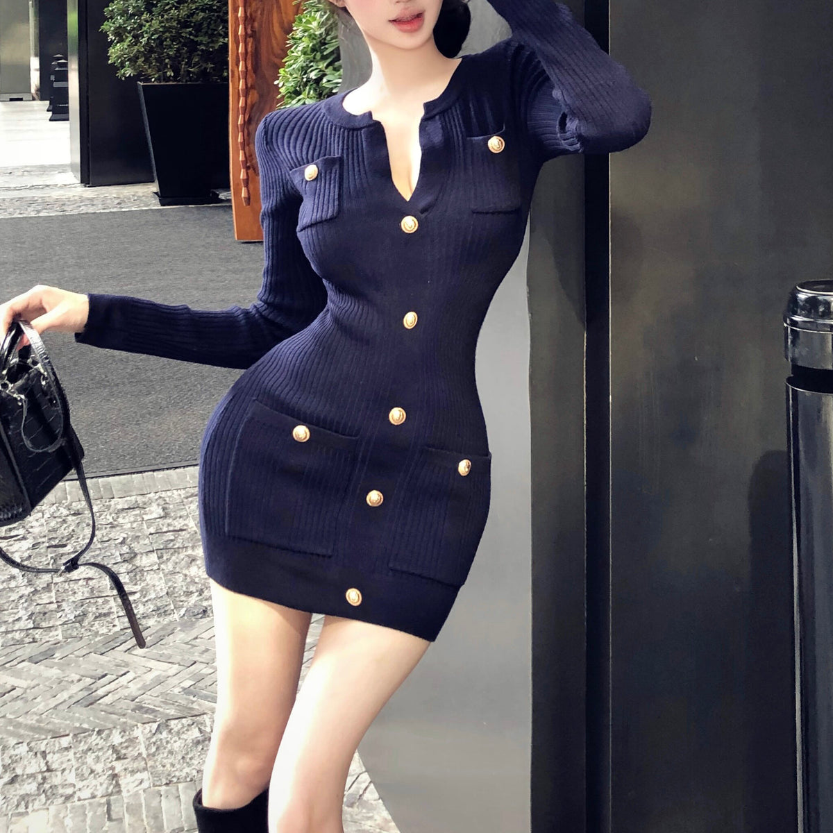 Sexy Metal-Buckle Knit Dress