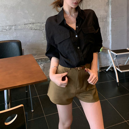 Polo-Collar Single-Breasted Shirt And Loose Shorts Set