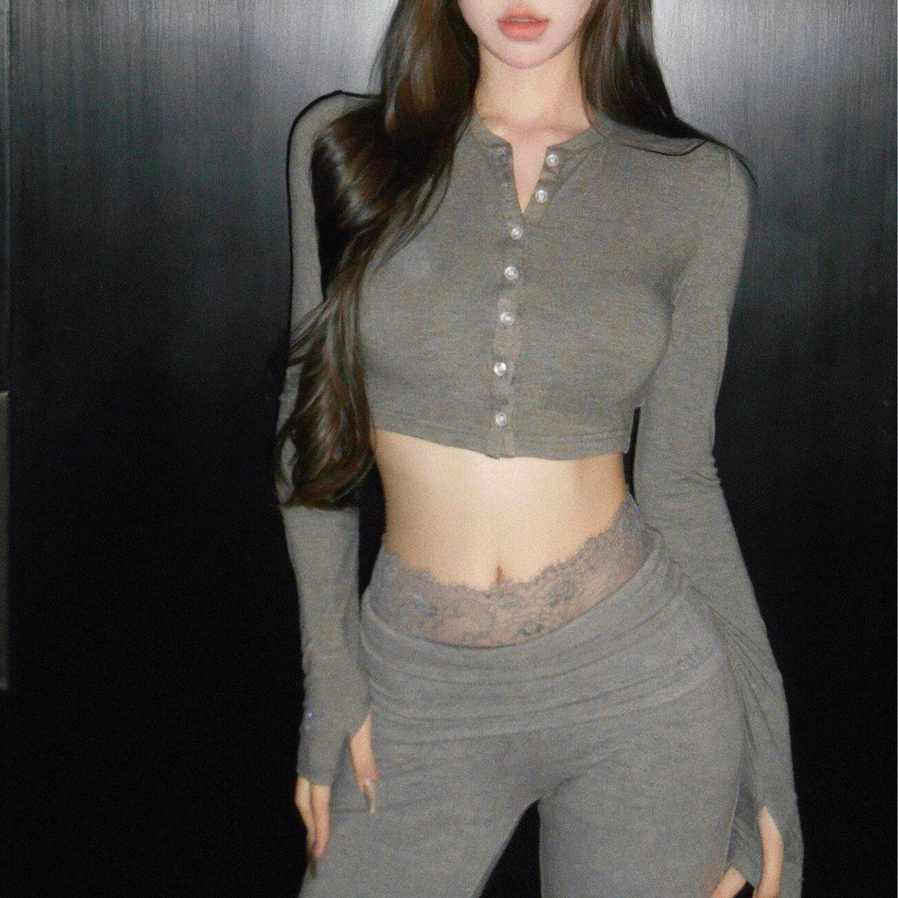 Sexy Long-Sleeved Top And High-Waisted Slightly Flared Casual Pants Two-Piece Set