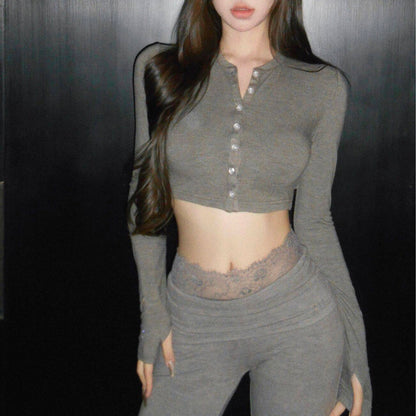 Sexy Long-Sleeved Top And High-Waisted Slightly Flared Casual Pants Two-Piece Set