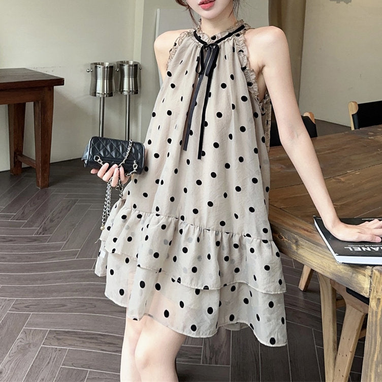 Sweet Polka Dot Ruffle Halter Neck Loose A-Line Dress
