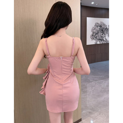 Sexy V-Neck Ruffled Backless Slit Dress