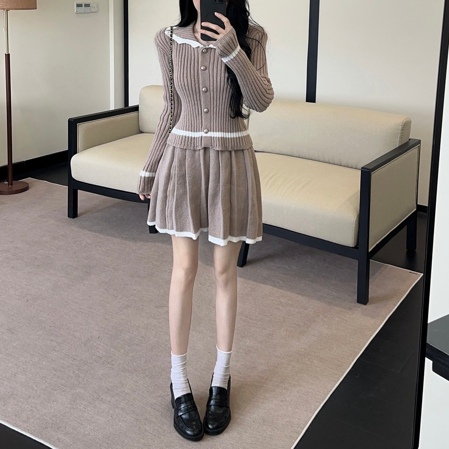 Sexy Color-Block Collared Long-Sleeve Top And High-Waisted Skirt Set