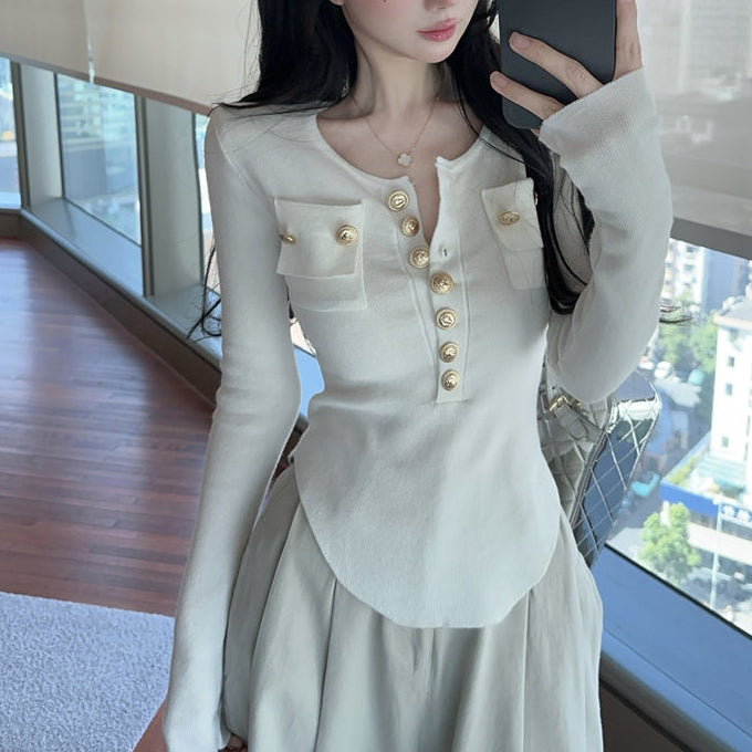 Metallic Single-Breasted Crew-Neck Knit T-Shirt